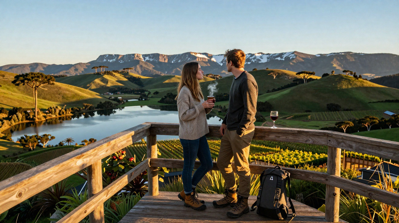 Casal a conversar numa varanda de madeira com vista para lago, colinas verdes e montanhas ao pôr do sol.