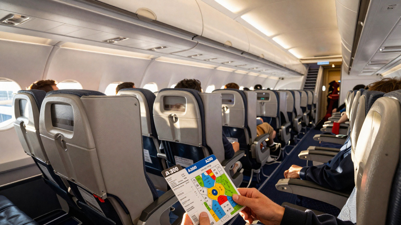 Interior de avião com passageiros sentados e pessoa segurando mapa de assentos.