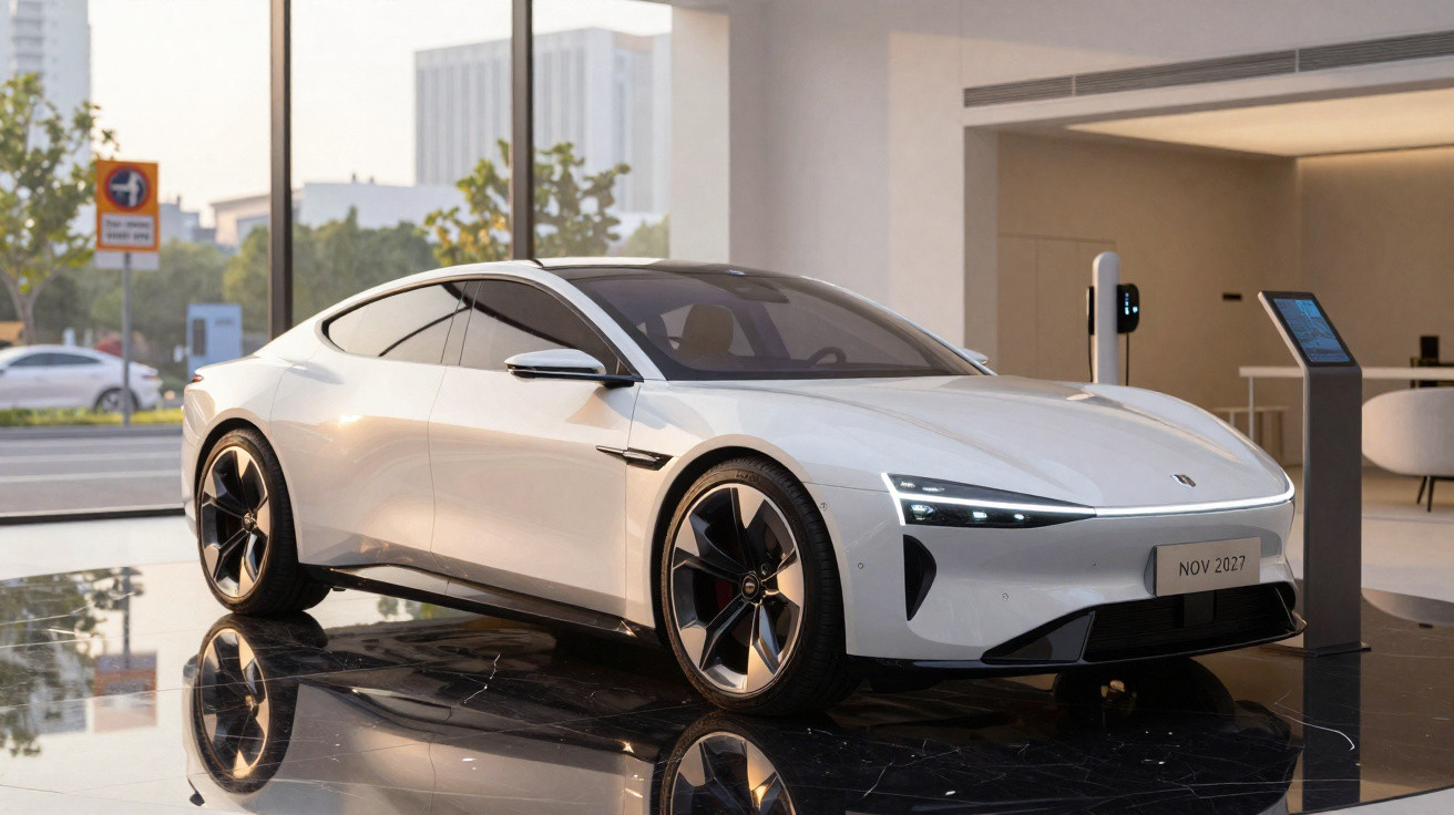 Carro eléctrico branco com design moderno estacionado em showroom com recarga a funcionar.