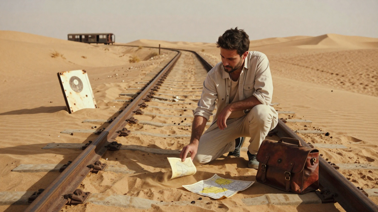 Homem com camisa bege consulta mapas sentado em trilhos de comboio cobertos por areia no deserto.