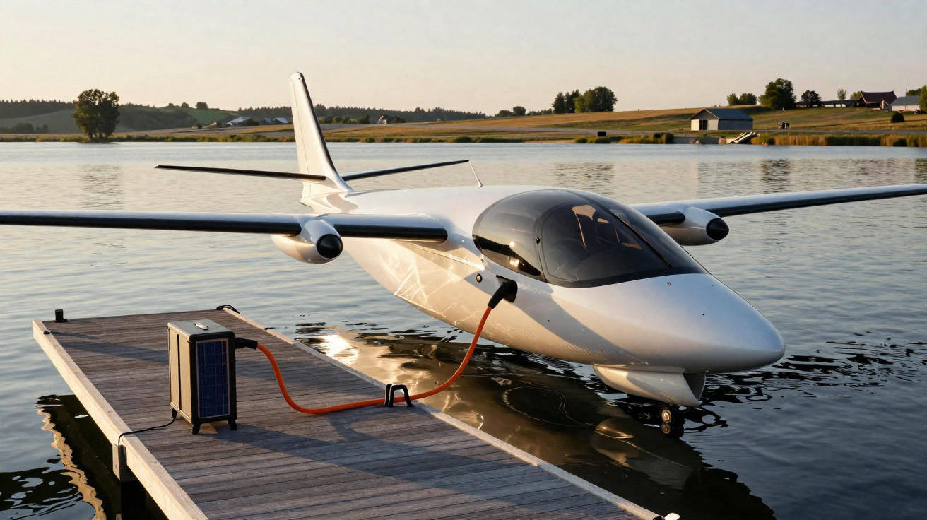 Avião elétrico a carregar energia numa estação solar junto a um lago ao pôr do sol.