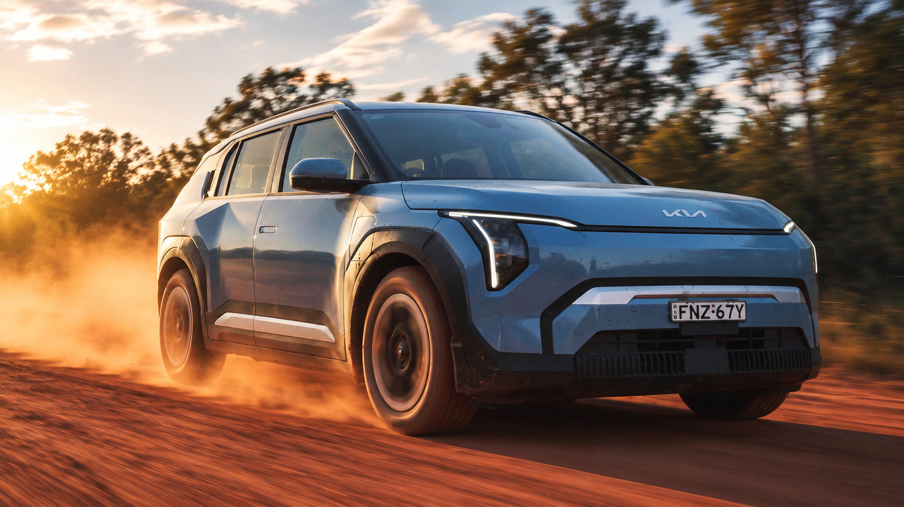 SUV azul em movimento numa estrada de terra vermelha com árvores ao fundo ao pôr do sol.