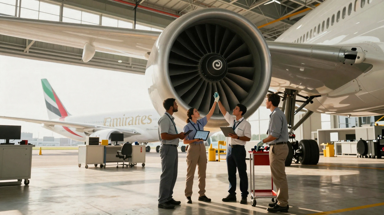 Técnicos verificam motor de avião num hangar, com outro avião Emirates ao fundo.