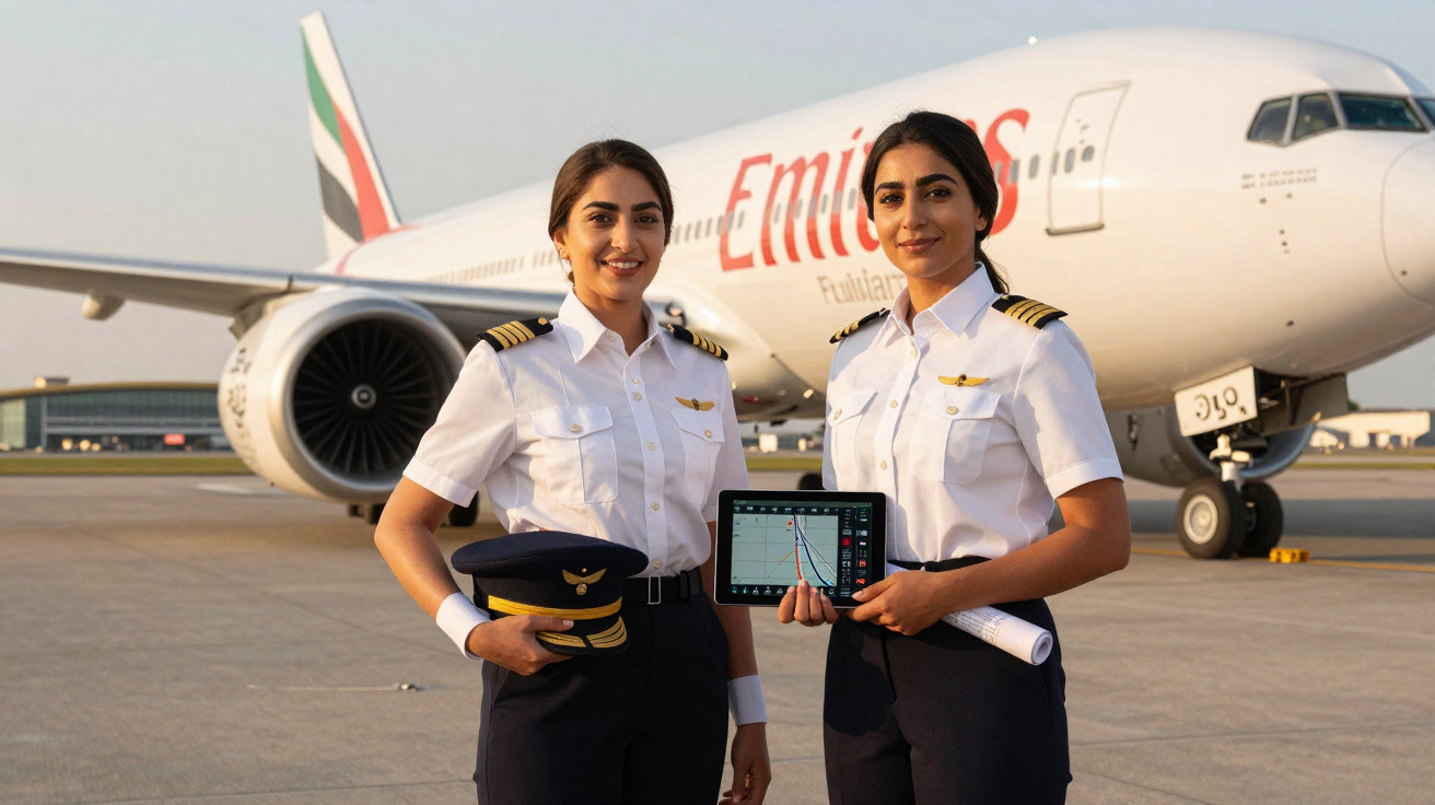 Duas piloto de avião da Emirates em uniforme, posando com tablet e chapéu diante de um avião em pista.