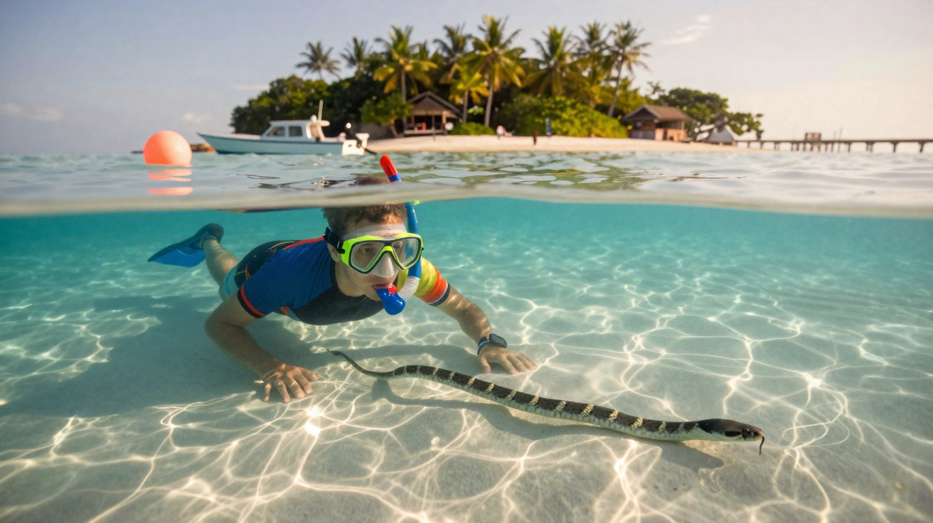 Pessoa a fazer snorkel junto de uma cobra marinha em águas cristalinas junto a uma ilha com palmeiras.