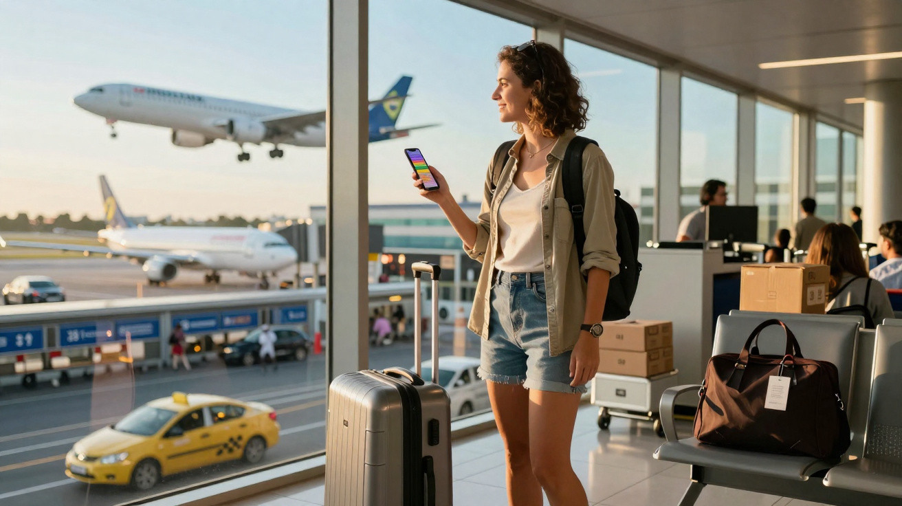 Mulher com mala, mochila e telemóvel aguarda voo junto a janela do aeroporto com aviões a descolar.