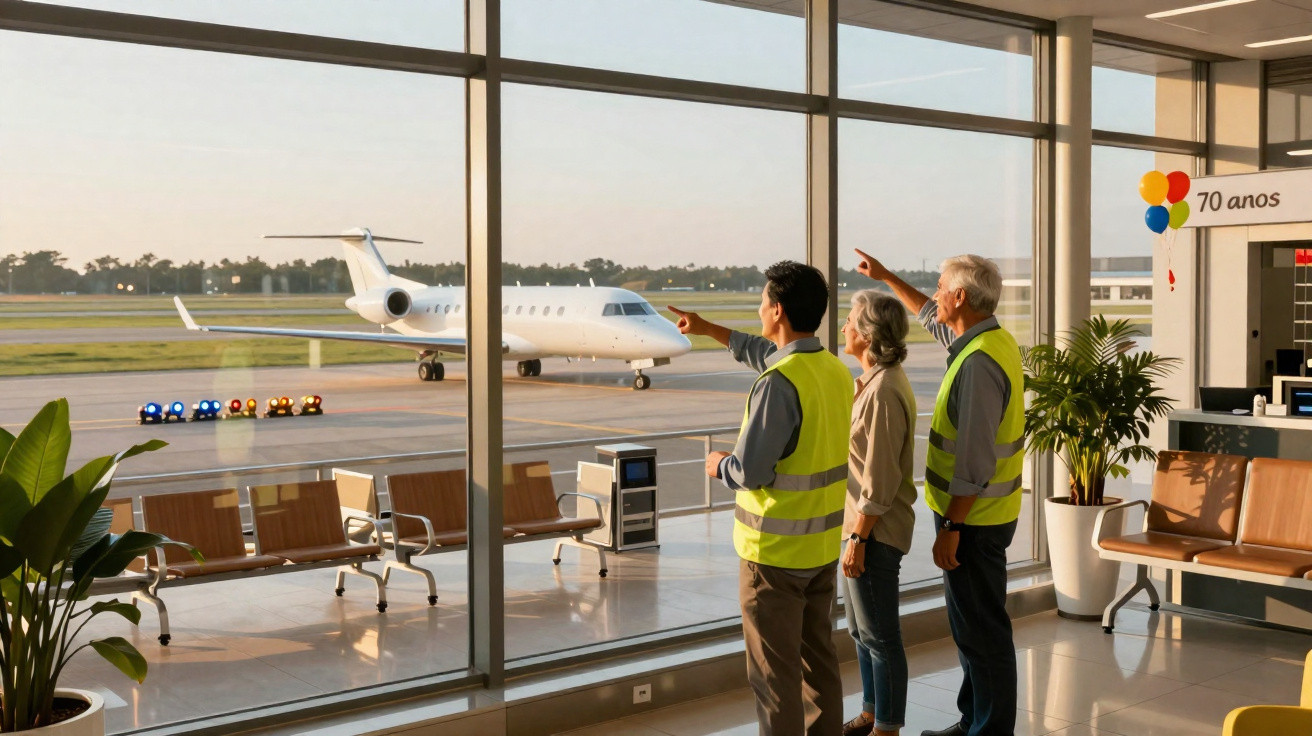 Três pessoas de colete refletor apontam para um jato privado numa sala de aeroporto com decoração de aniversário.