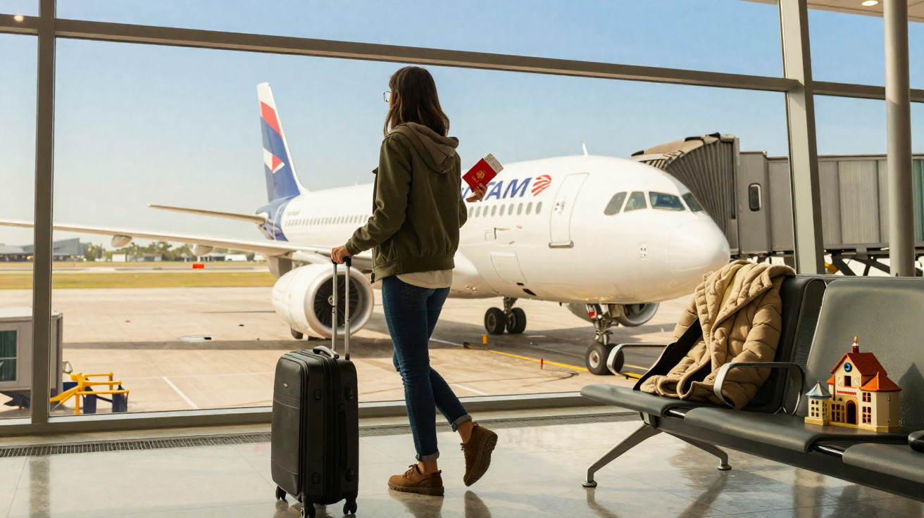 Mulher com mala e passaporte observa avião estacionado na porta de embarque do aeroporto.