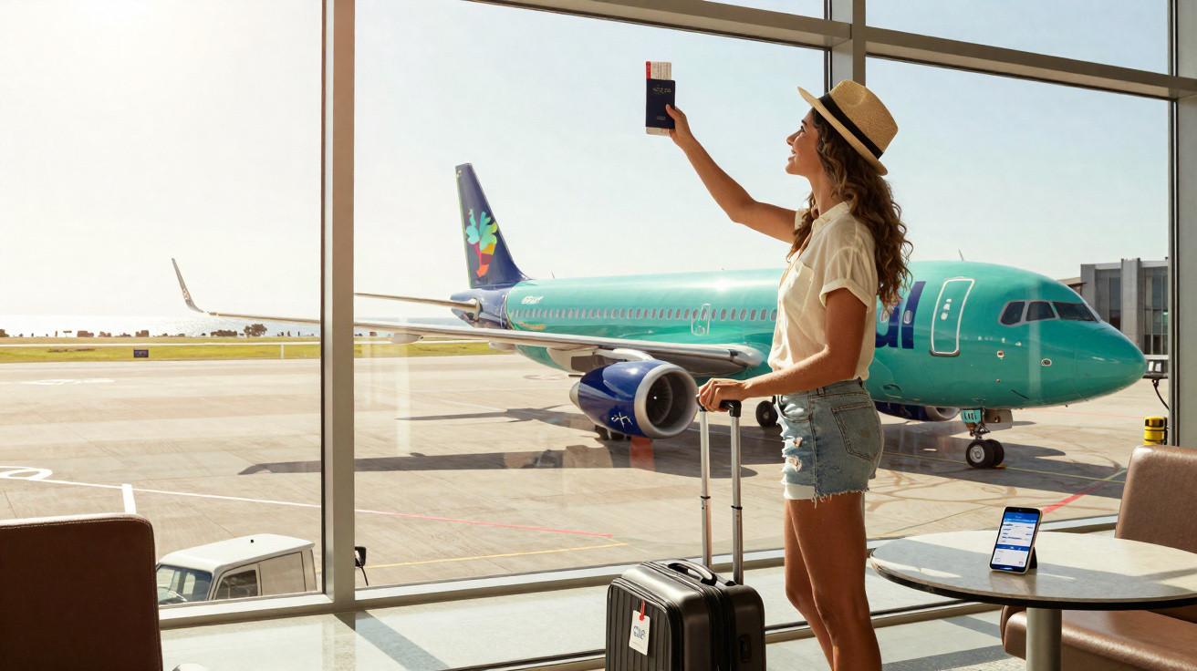 Mulher com chapéu e mala, em aeroporto, segura passaporte e dois bilhetes junto à janela com avião no exterior.