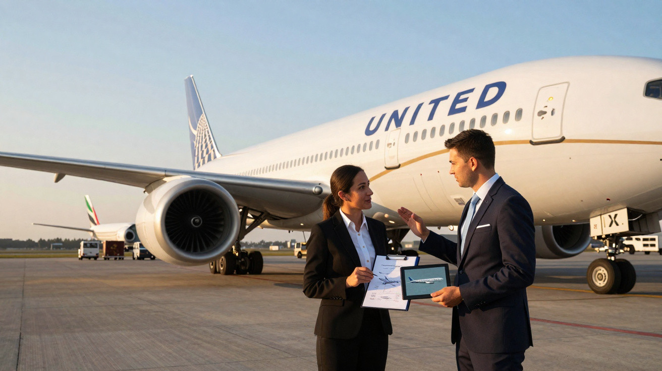 Dois profissionais em fatos conversam à frente de um avião da United no aeroporto ao pôr do sol.