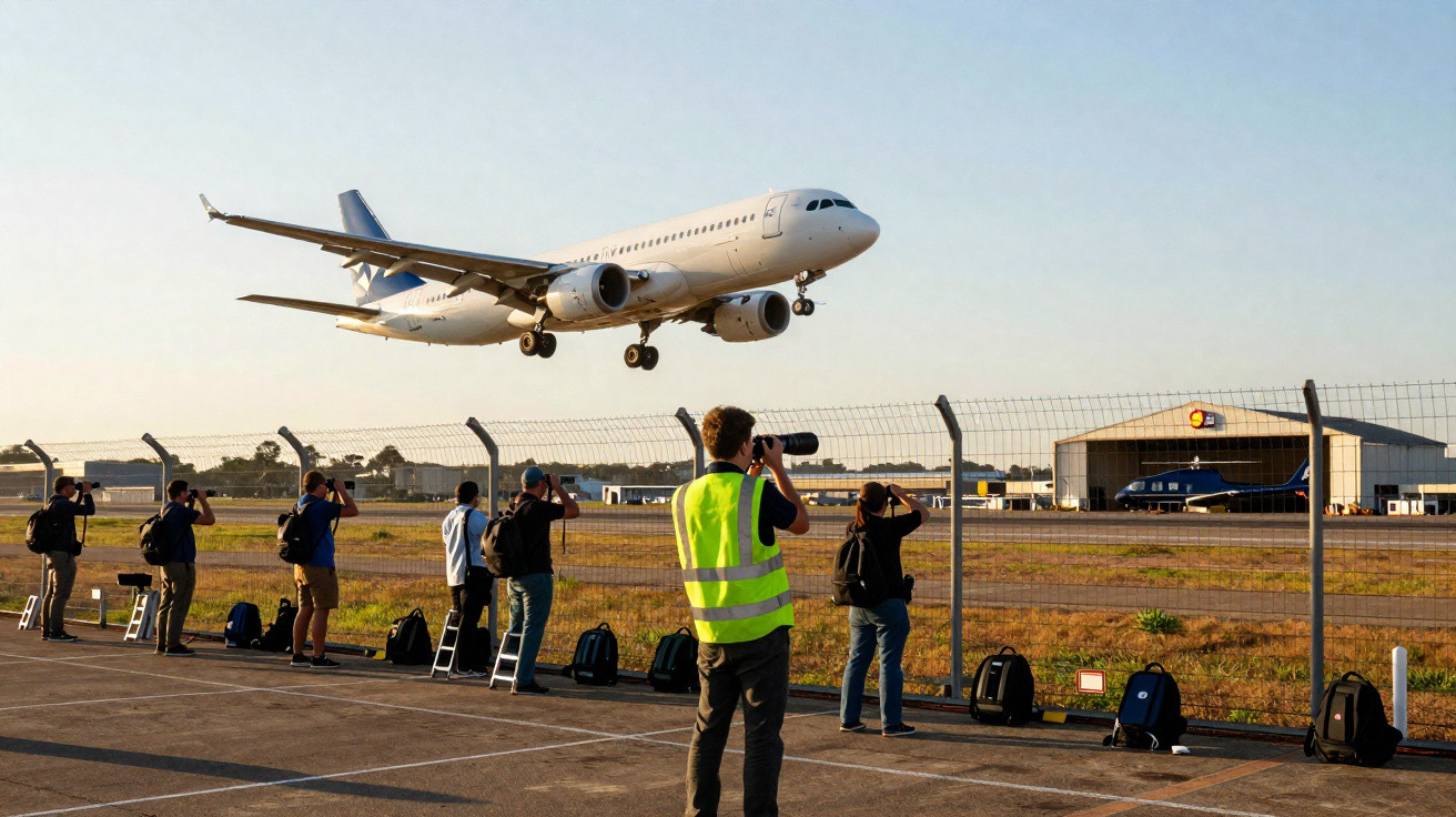 Fotógrafos tiram fotos de avião comercial branco aterrando perto do aeroporto ao pôr do sol.