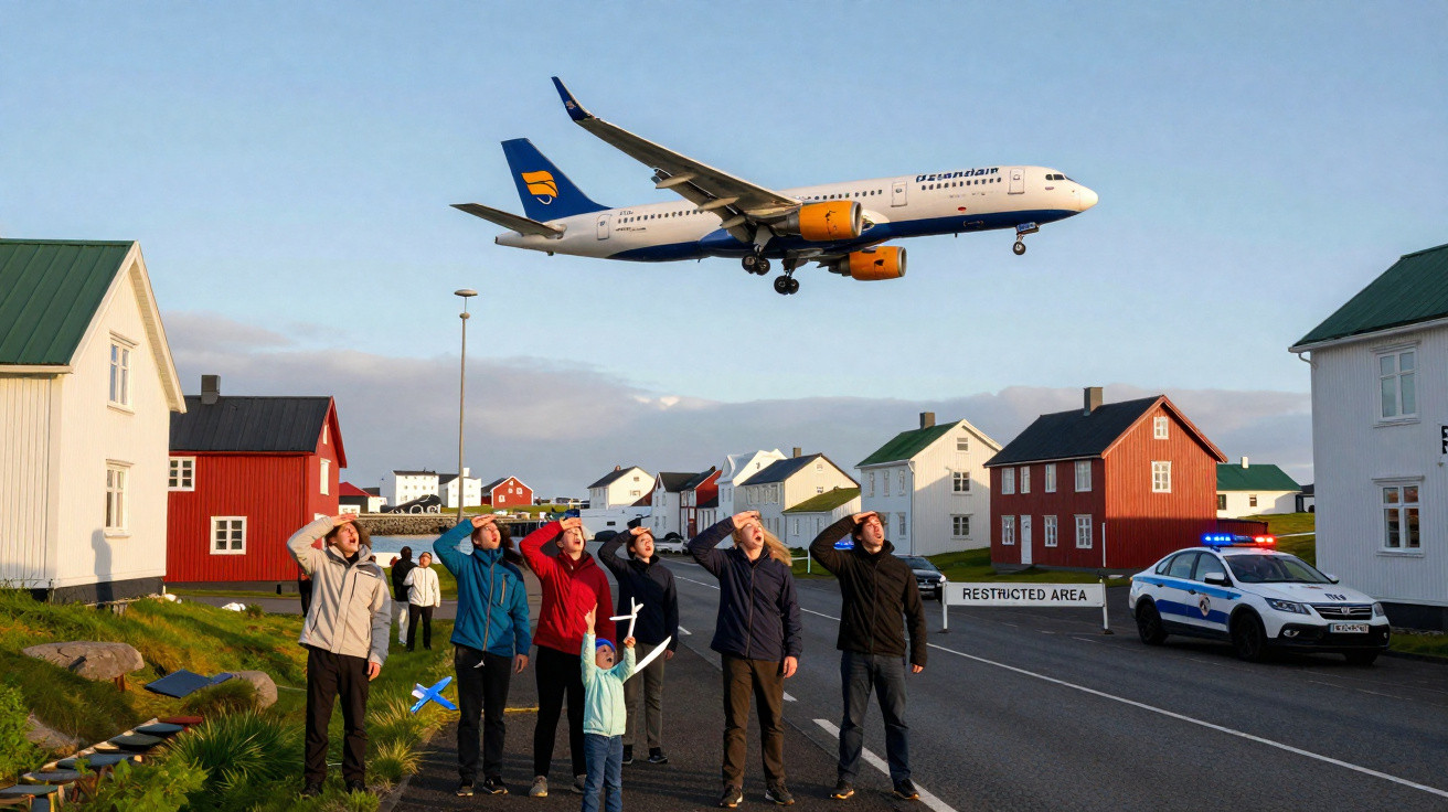 Avião da Icelandair a sobrevoar bairro com pessoas a observar e polícia numa estrada bloqueada.