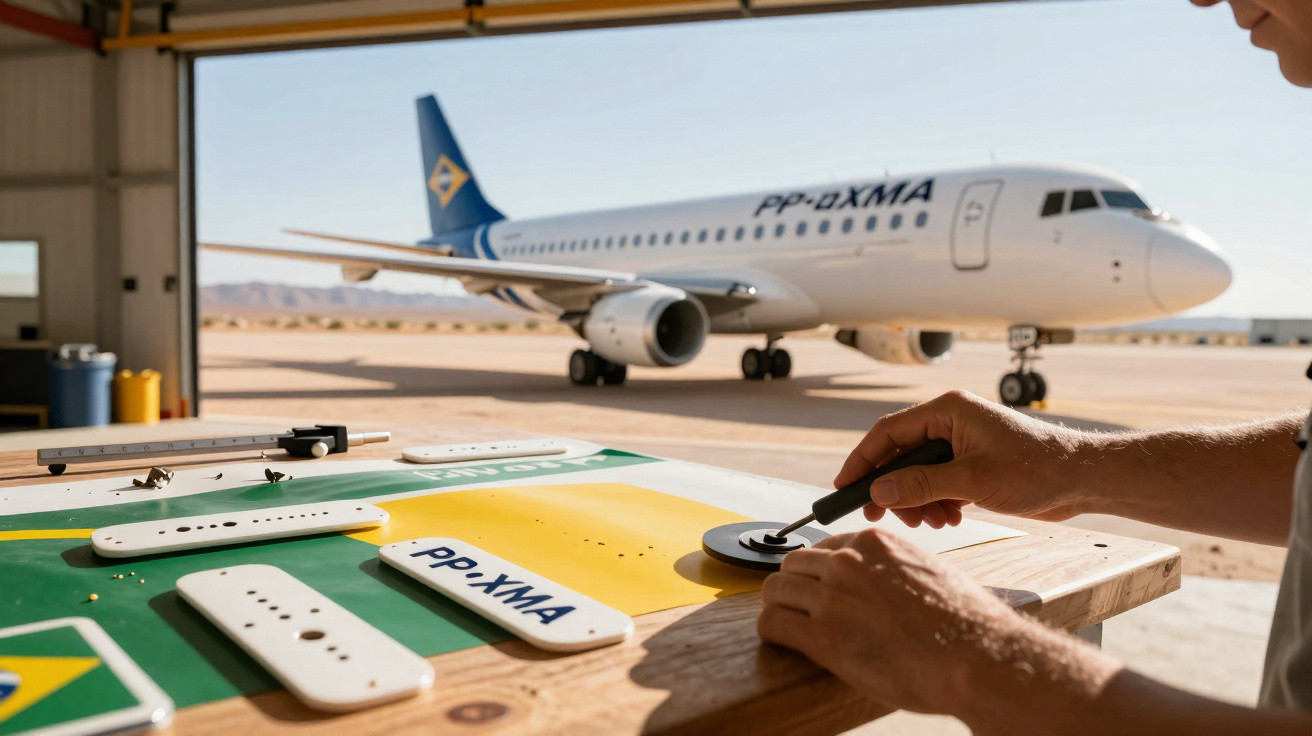 Pessoa a montar um modelo reduzido de avião com um avião real ao fundo numa oficina aérea.