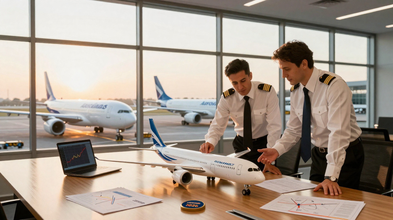 Dois pilotos em uniforme a analisar maquete de avião numa sala com vista para pista e aviões ao pôr do sol.