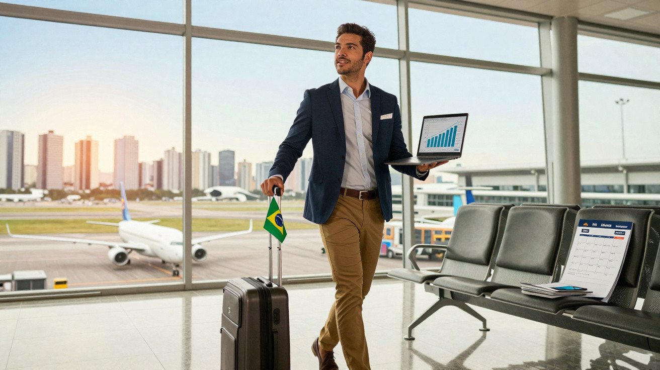 Homem de negócios com mala e computador num aeroporto, com aviões e cidade ao fundo.