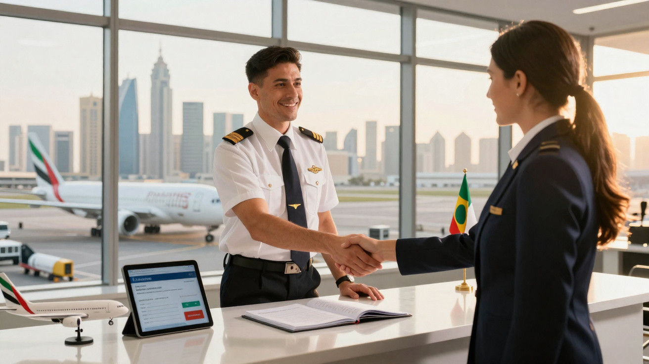 Piloto e profissional de aviação apertam as mãos numa área com vista para um avião no aeroporto.
