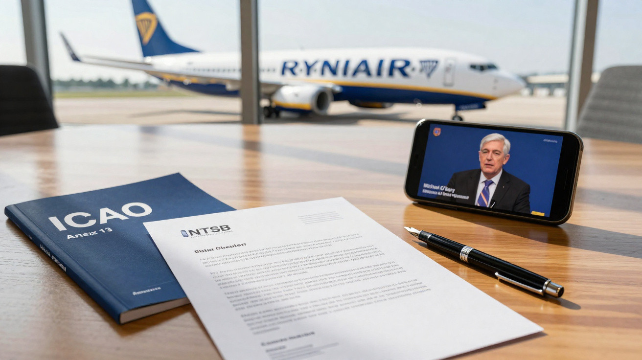 Documento e livro sobre aviação numa mesa com uma caneta, um telemóvel e um avião da Ryanair ao fundo.