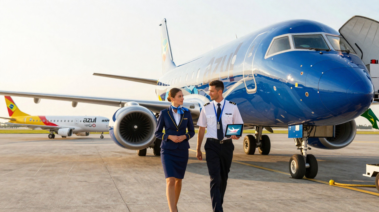 Dois tripulantes de voo a caminhar numa pista junto a um avião azul estacionado.