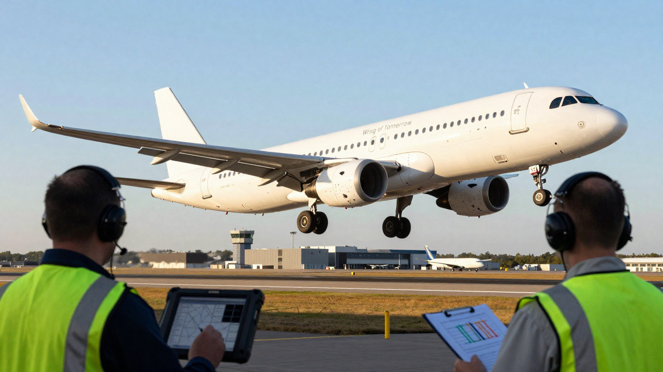 Avião branco a aproximar-se de pista para aterragem, com dois técnicos de voo com coletes amarelos a observar.