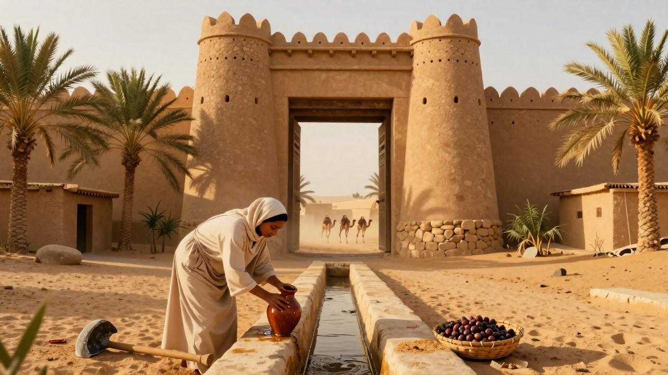 Mulher árabe em túnica a encher jarro de água junto a canal em fortaleza de adobe no deserto.