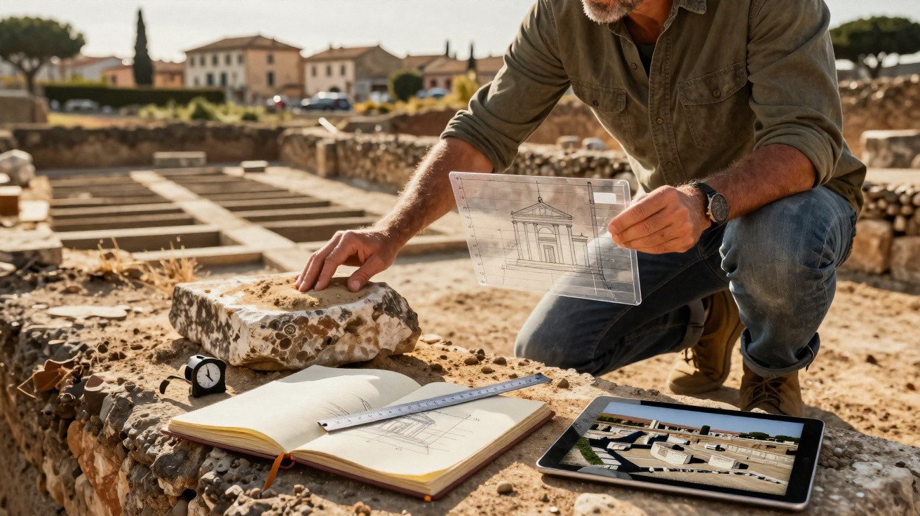 Arqueólogo a analisar planta arquitetónica transparente em escavação arqueológica ao ar livre, com caderno e tablet.