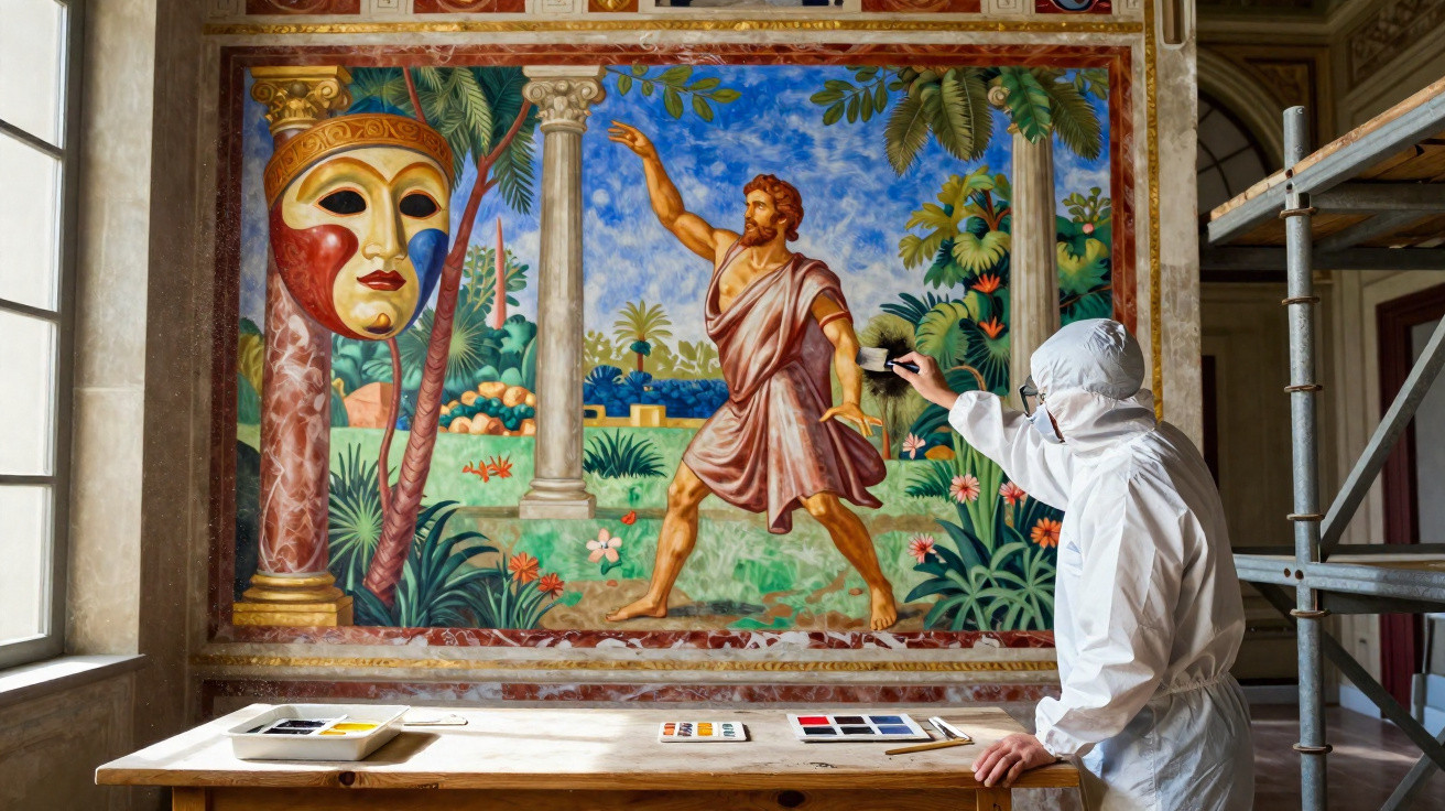 Restaurador em fato branco a trabalhar numa pintura mural colorida com figura humana e máscara grande.