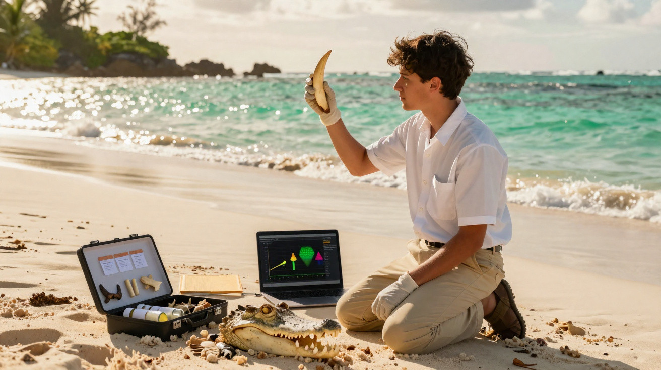 Jovem cientista analisa dentes de crocodilo na praia com computador e material de estudo ao lado.