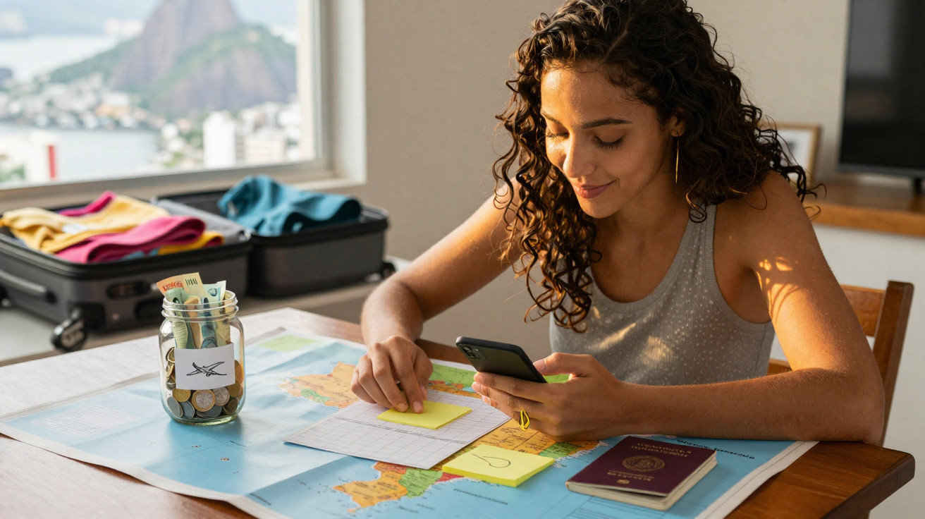 Mulher sentada a planear viagem com mapa, passaporte, notas adesivas e jarra com dinheiro na mesa.
