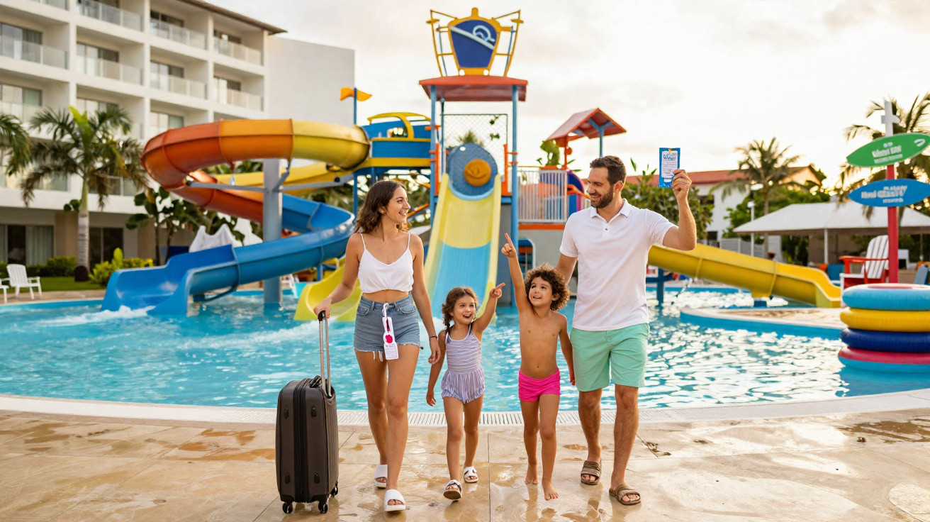Família feliz com duas crianças junto a piscina e escorregas coloridos num resort de férias.