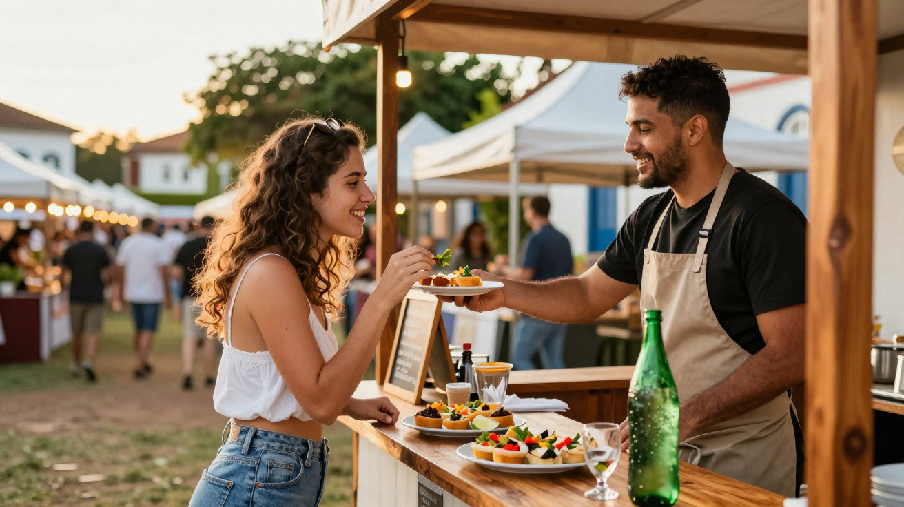 Mulher recebe prato de comida de vendedor num mercado ao ar livre ao entardecer.