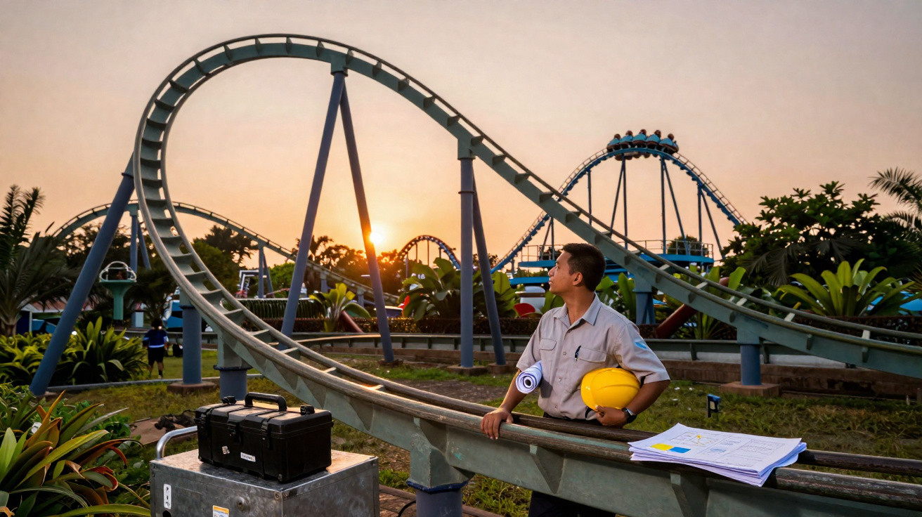 Homem com capacete amarelo e plantas observa montanha-russa ao pôr do sol num parque de diversões.