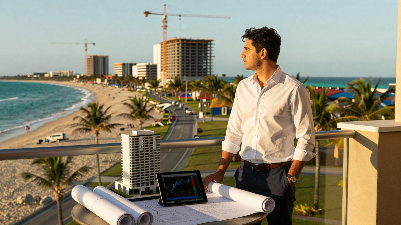 Homem em varanda olha para o mar com planta de construção, maquete e tablet na mesa ao pôr do sol.
