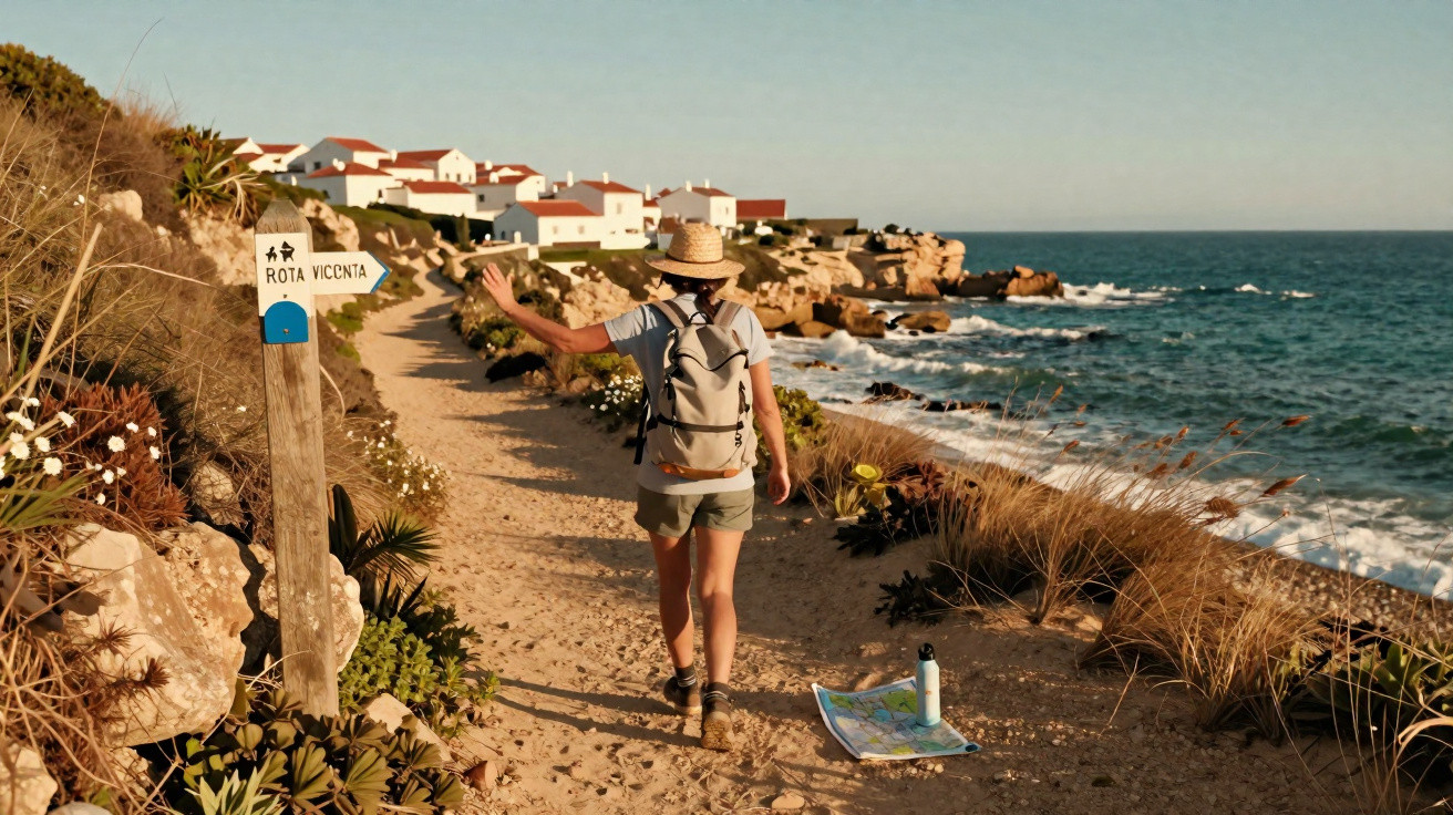 Pessoa com chapéu e mochila a caminhar numa trilha costeira junto ao mar, perto de casas brancas.