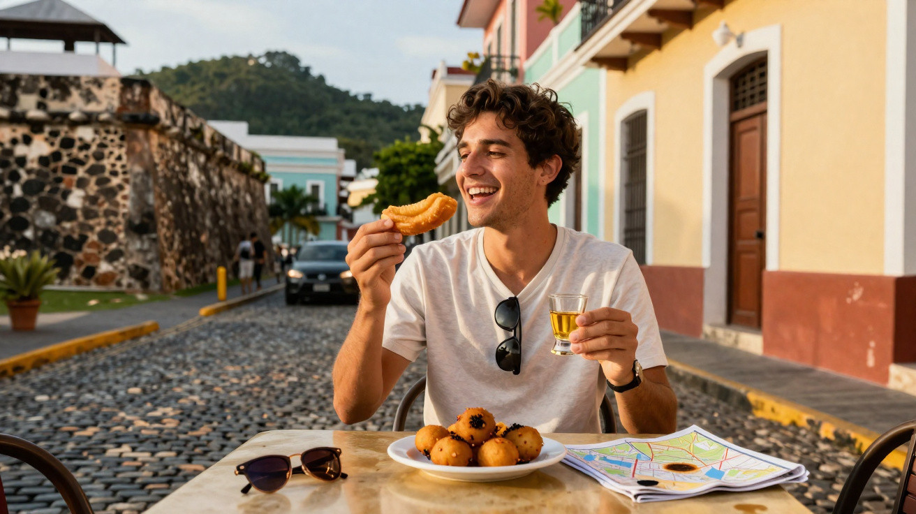 Homem jovem sentado numa mesa de rua a comer pastel e beber bebida, com mapa e óculos de sol apoiados.