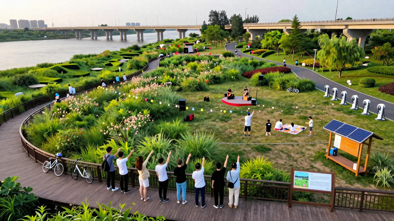 Parque verde junto a rio com caminho de madeira, pessoas a assistir músicos e ponte ao fundo numa tarde ensolarada.
