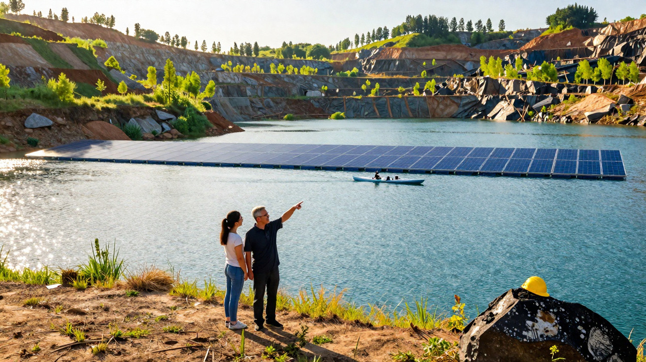 Dois pessoas observam painel solar flutuante em lago numa antiga pedreira rodeada de vegetação e colinas.