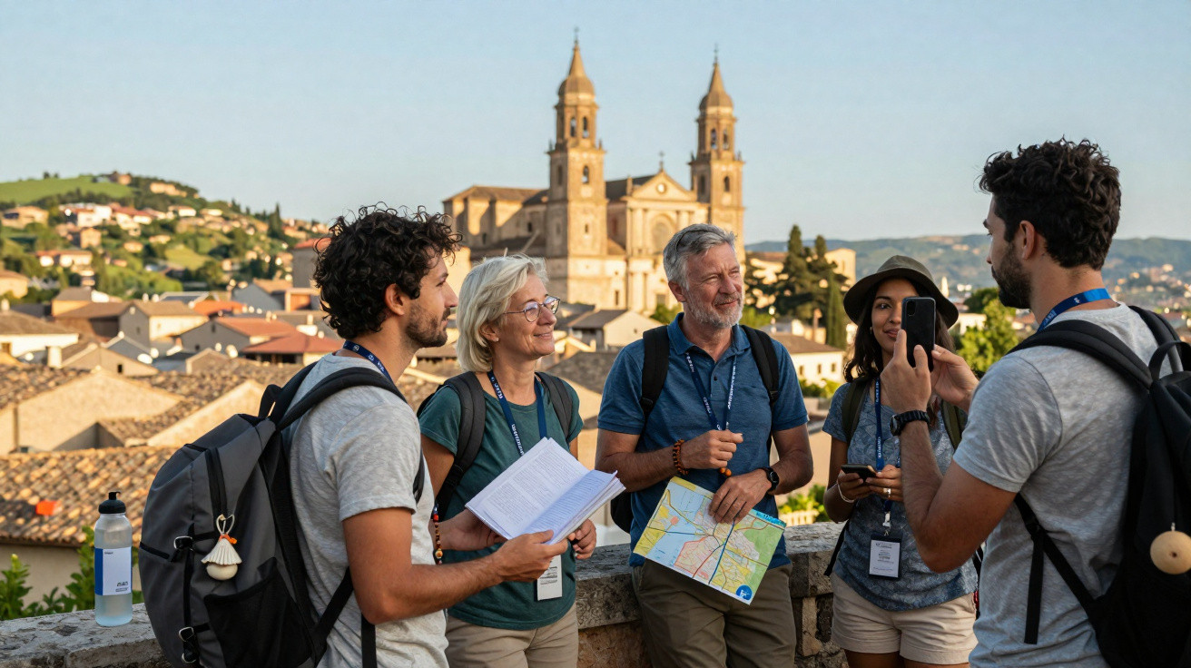 Grupo de turistas com mapa e guia a ouvir informações num miradouro com igreja ao fundo.