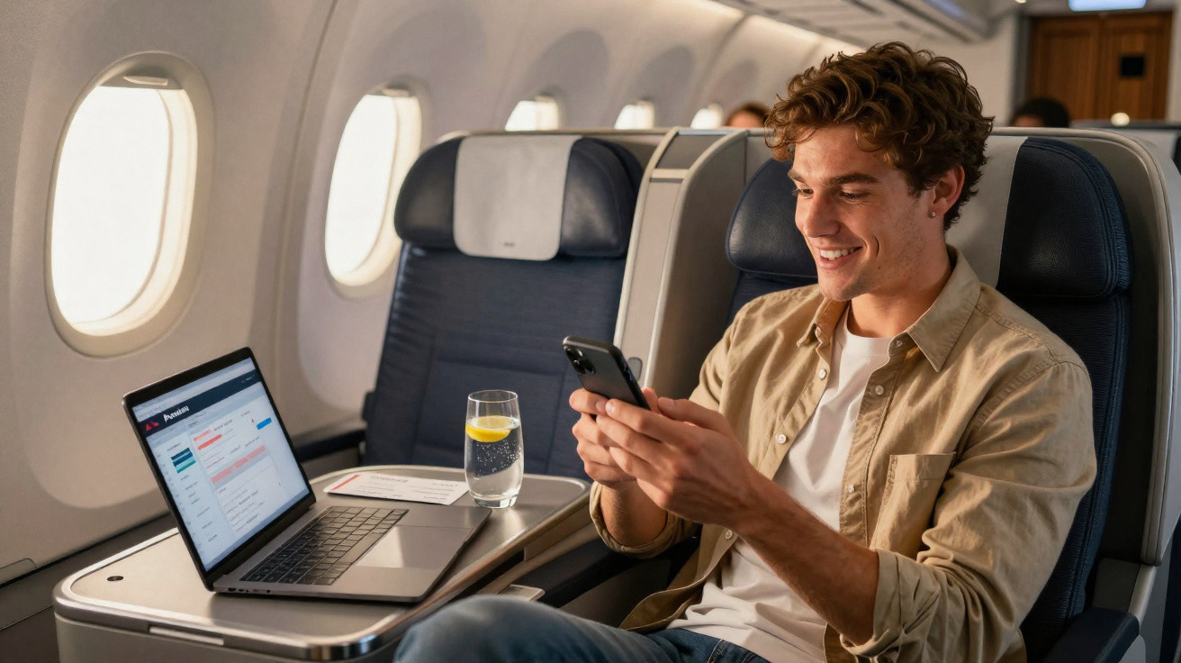 Homem sorridente usa telemóvel sentado numa poltrona de avião com portátil e copo de água à sua frente.