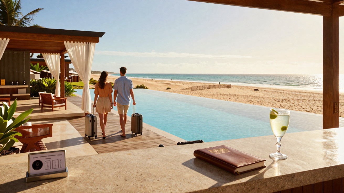 Casal com malas junto a piscina infinita numa praia ensolarada, visto de um bar exterior.