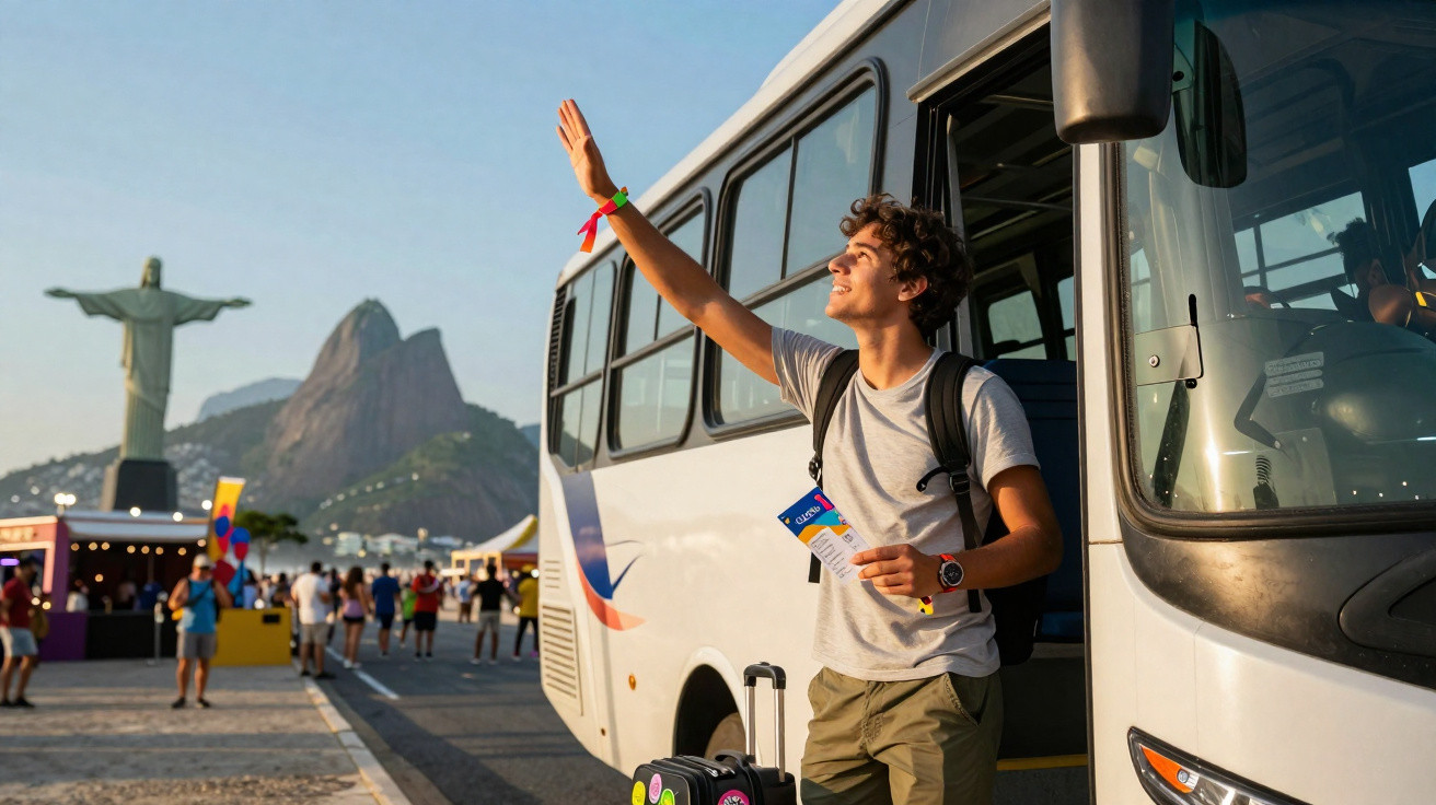 Jovem turista a acenar do lado de fora de um autocarro com Cristo Redentor e montanha ao fundo no Rio de Janeiro.