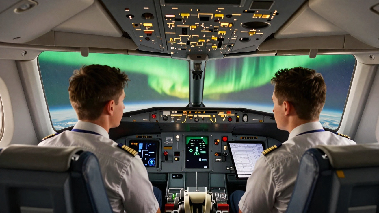 Dois pilotos na cabine de comando de um avião a observar a aurora boreal pela janela da frente.