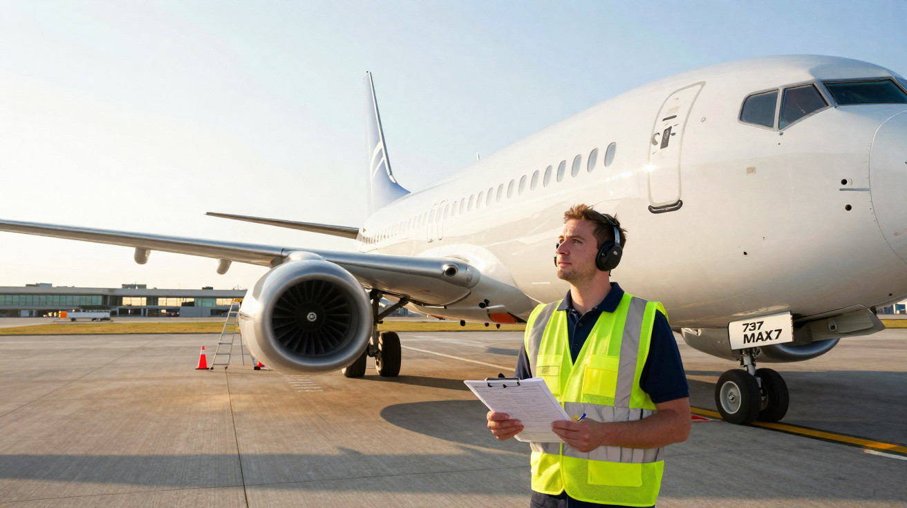 Técnico em colete amarelo com auscultadores e prancheta junto a avião 737 MAX 7 no aeroporto.