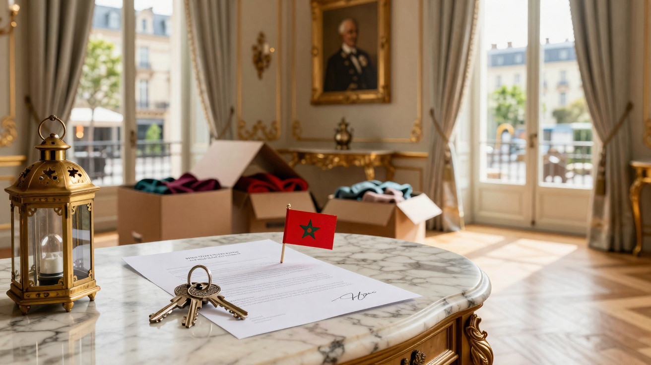 Mesa em mármore com documento, chave, pequena bandeira de Marrocos e lanternas, com caixas e quadro no fundo.
