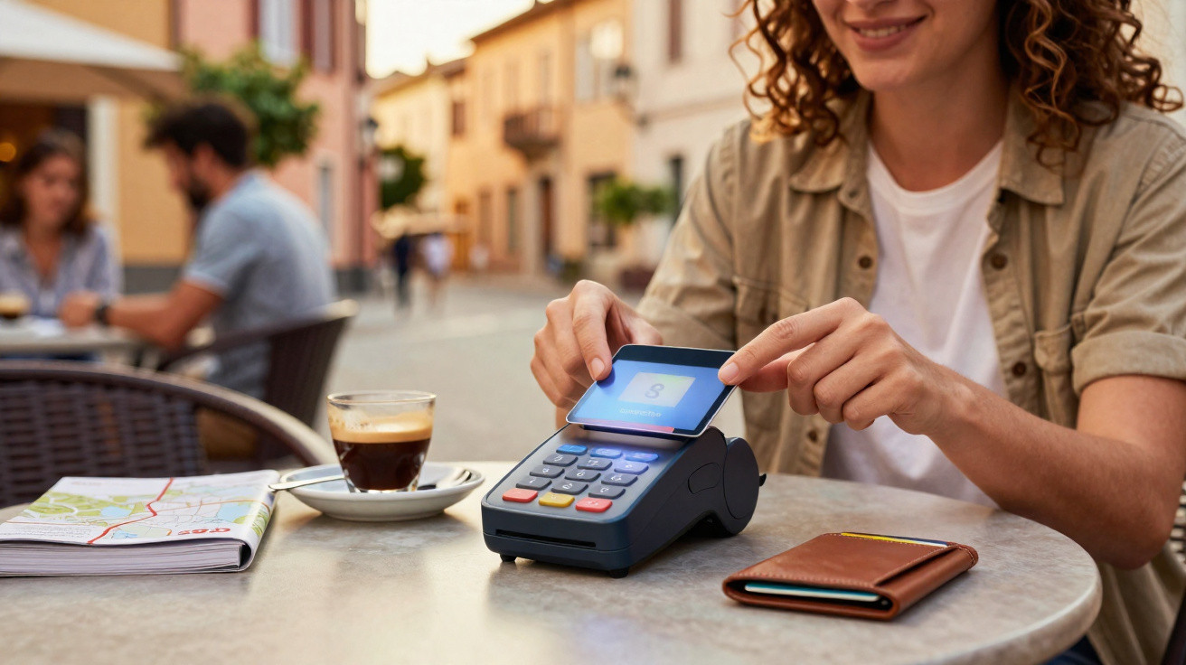 Mulher a pagar com smartwatch num leitor contactless numa esplanada com café e mapa numa mesa circular.