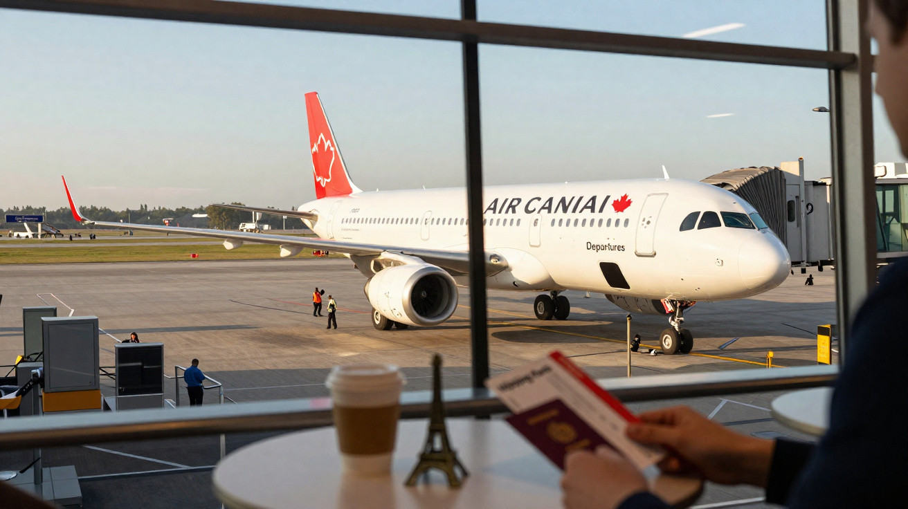Avião da Air Canada estacionado na pista, visto através da janela do aeroporto com pessoa segurando passaporte.