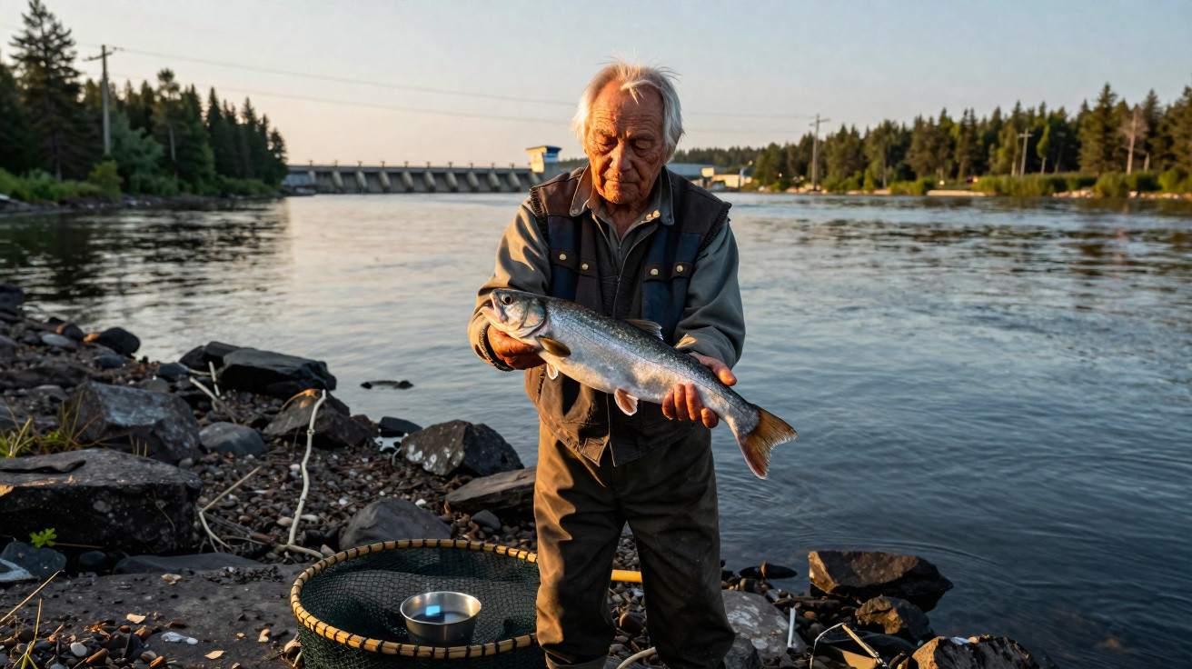 Homem idoso segura peixe recém-pescado junto a um rio com represa e floresta ao fundo.