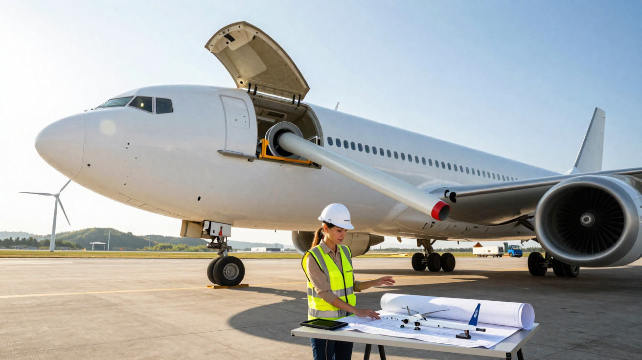 Mulher engenheira com capacete e colete verifica planos junto a avião no aeroporto em dia ensolarado.