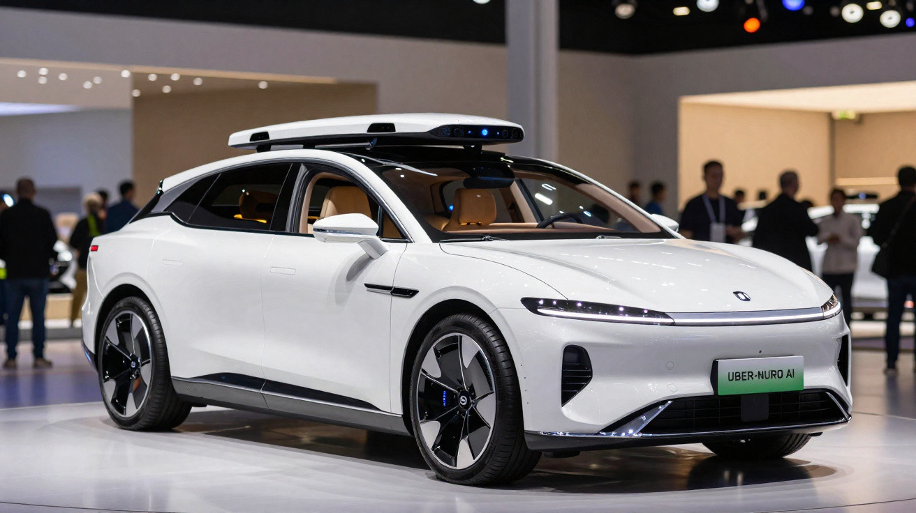 Carro elétrico branco futurista com tecnologia autónoma exposto numa feira automóvel.