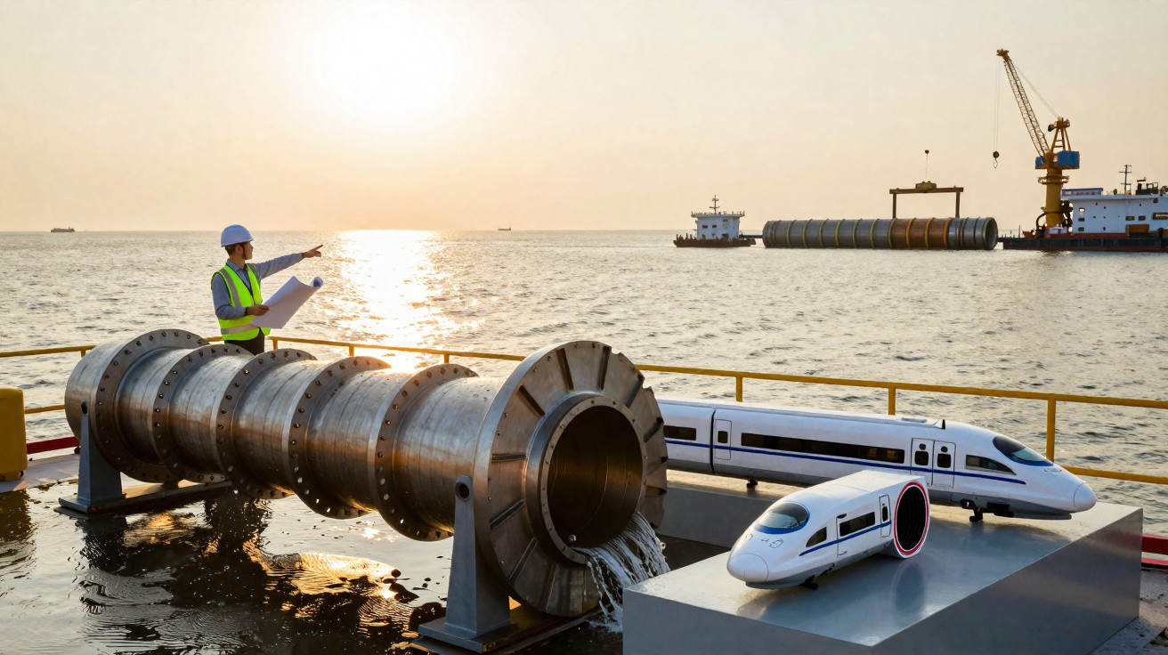 Engenheiro com capacete e colete reflete luz do pôr do sol junto a protótipos de comboios numa plataforma marítima.