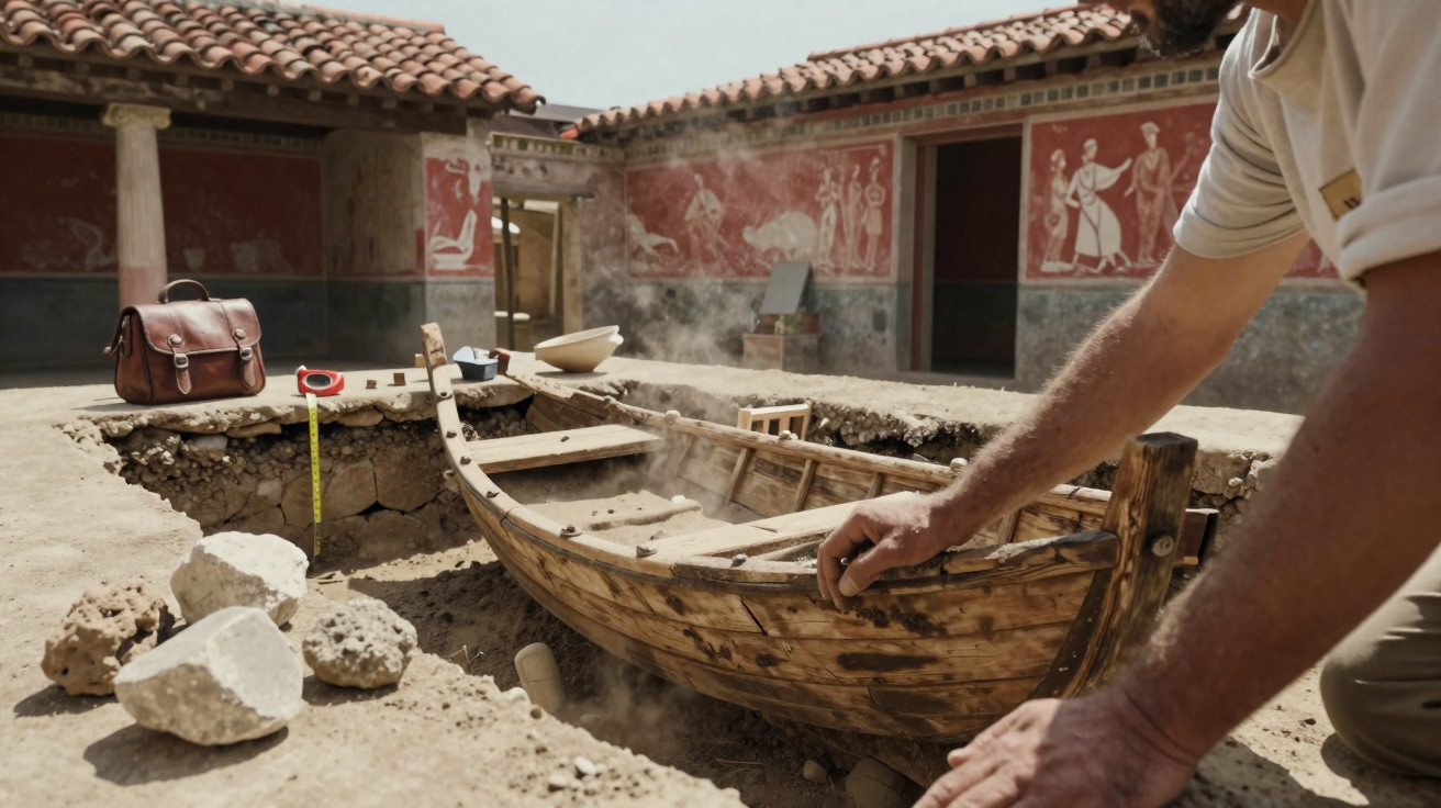 Escavação arqueológica revela antigo barco de madeira num sítio com paredes decoradas por frescos.